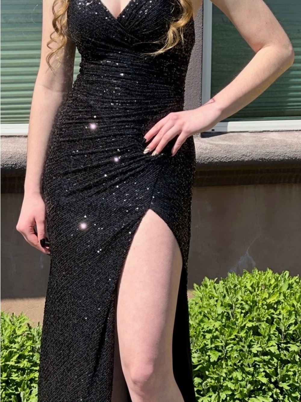 Cinderella Black Sequin High‑Low V‑Neck Evening Gown